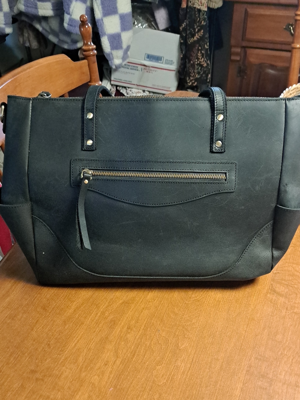 S Zone Classic Black Leather Tote Handbag